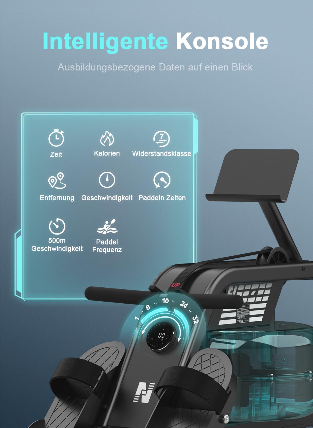 Neezee Rudergerät für zuhause, Rudergerät Wasser mit Professioneller Bluetooth-Monitor und Tablet-Halterung, Max 150kg Belastbar, Vertikale Lagerung, Transporträder für Einfache Bewegung