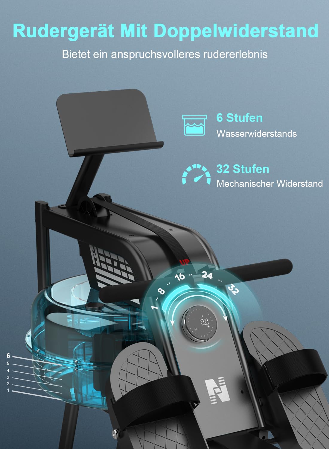 Neezee Rudergerät für zuhause, Rudergerät Wasser mit Professioneller Bluetooth-Monitor und Tablet-Halterung, Max 150kg Belastbar, Vertikale Lagerung, Transporträder für Einfache Bewegung