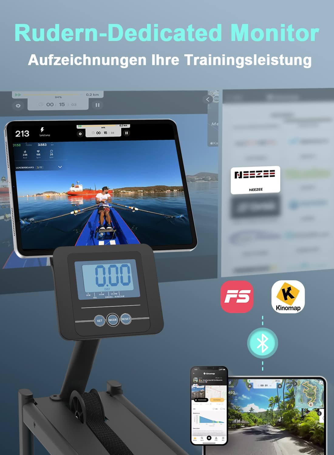 Neezee Rudergerät für zuhause, Rudergerät Wasser mit Professioneller Bluetooth-Monitor und Tablet-Halterung, Max 150kg Belastbar, Vertikale Lagerung, Transporträder für Einfache Bewegung