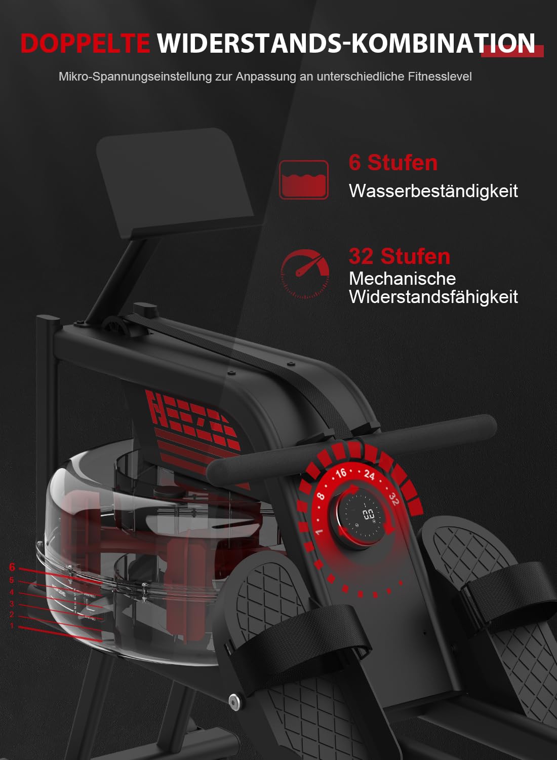 Neezee Rudergerät, Rudergerät für zuhause mit einstellbarem Widerstand, Rudergerät-Wasser mit Aluminium Schiene Tablettenständer, Wasserwiderstand und LCD-Display Rudermaschin