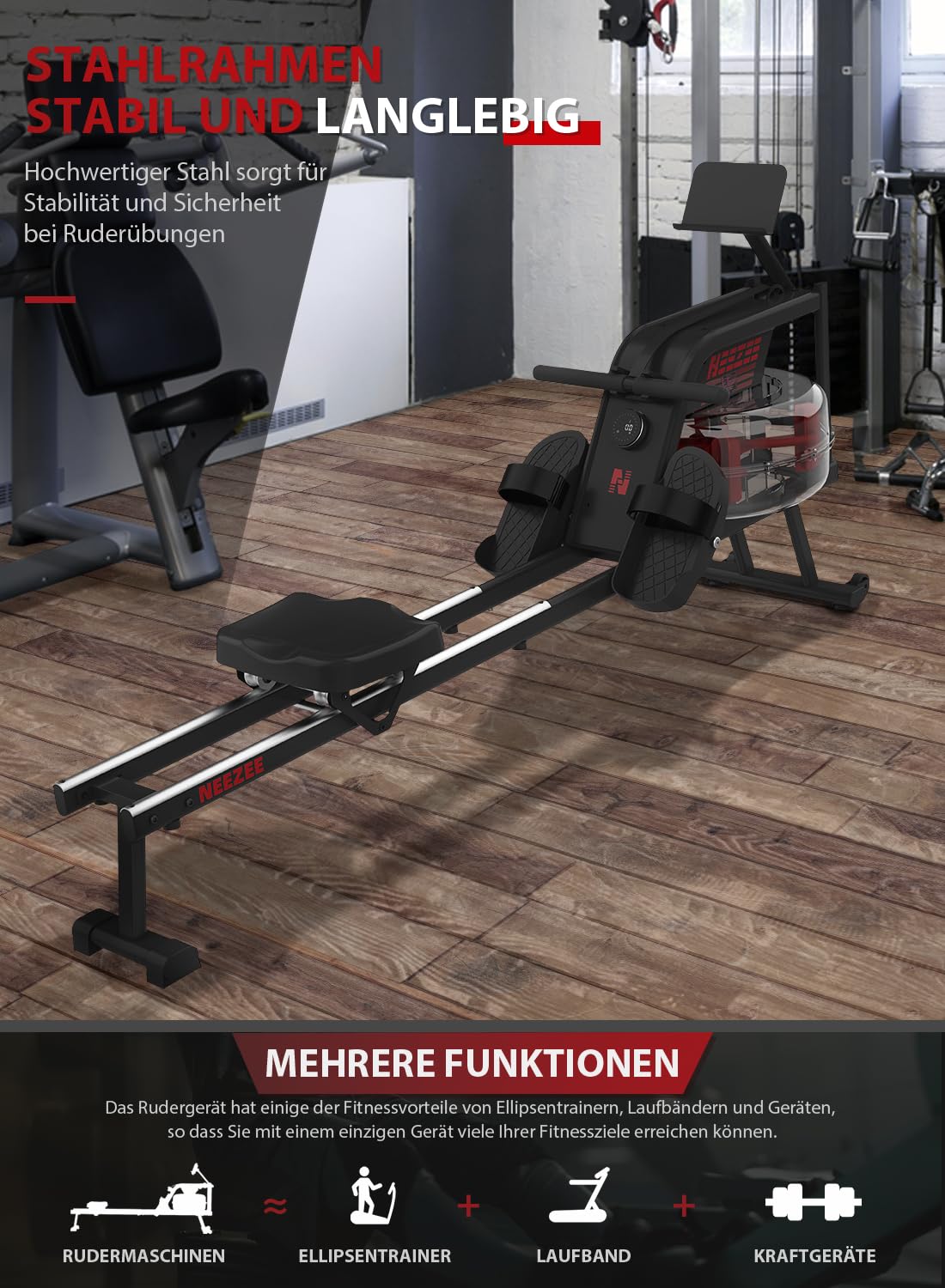 Neezee Rudergerät, Rudergerät für zuhause mit einstellbarem Widerstand, Rudergerät-Wasser mit Aluminium Schiene Tablettenständer, Wasserwiderstand und LCD-Display Rudermaschin