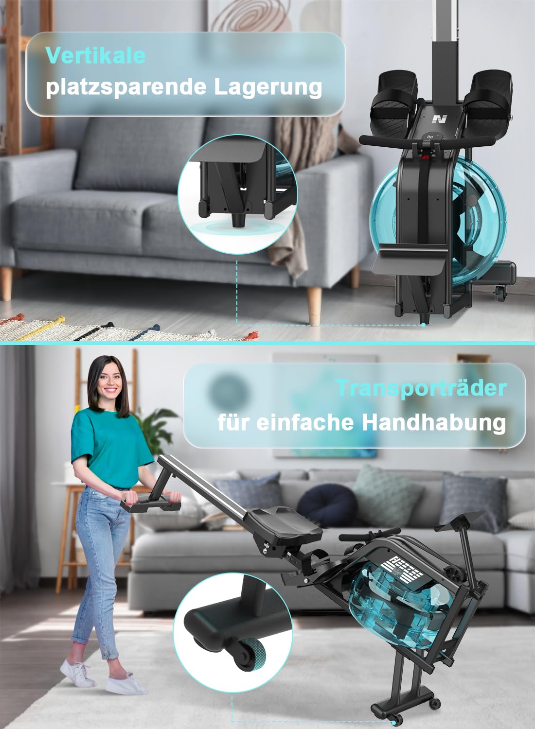 Neezee Rudergerät für zuhause, Rudergerät Wasser mit Professioneller Bluetooth-Monitor und Tablet-Halterung, Max 150kg Belastbar, Vertikale Lagerung, Transporträder für Einfache Bewegung
