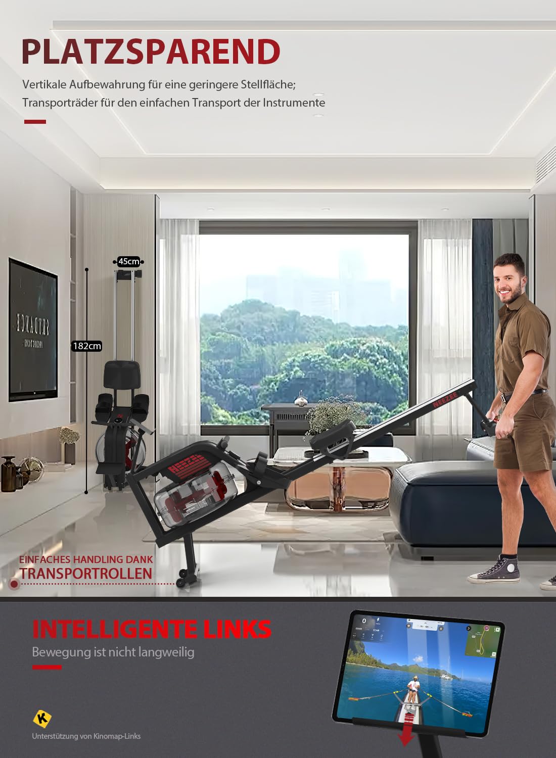 Neezee Rudergerät, Rudergerät für zuhause mit einstellbarem Widerstand, Rudergerät-Wasser mit Aluminium Schiene Tablettenständer, Wasserwiderstand und LCD-Display Rudermaschin