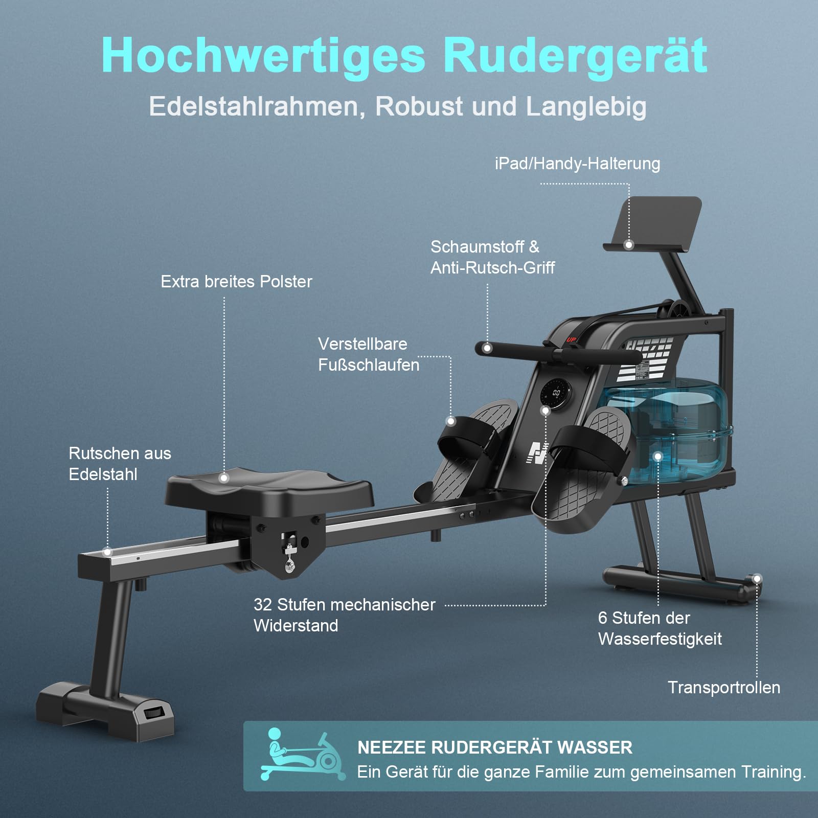 Neezee Rudergerät für zuhause, Rudergerät Wasser mit Professioneller Bluetooth-Monitor und Tablet-Halterung, Max 150kg Belastbar, Vertikale Lagerung, Transporträder für Einfache Bewegung