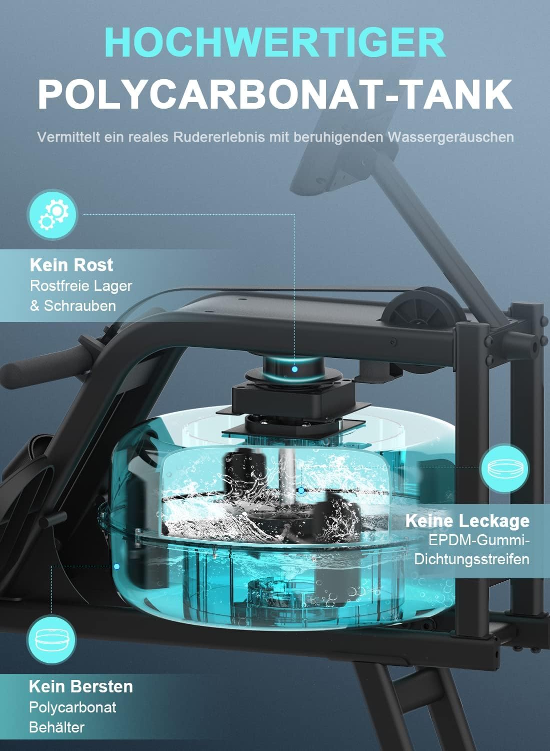 Neezee Rudergerät für zuhause, Rudergerät Wasser mit Professioneller Bluetooth-Monitor und Tablet-Halterung, Max 150kg Belastbar, Vertikale Lagerung, Transporträder für Einfache Bewegung