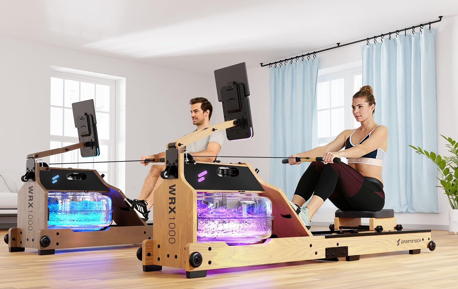 Sportstech Premium Wasser-Rudergerät mit LED-Wassertank, klappbar | Deutsches Qualitätsunternehmen I App mit Workout Kursen+ Tablethalterung | Natur-Massivholz Rudermaschine Rower für zuhause WRX1000