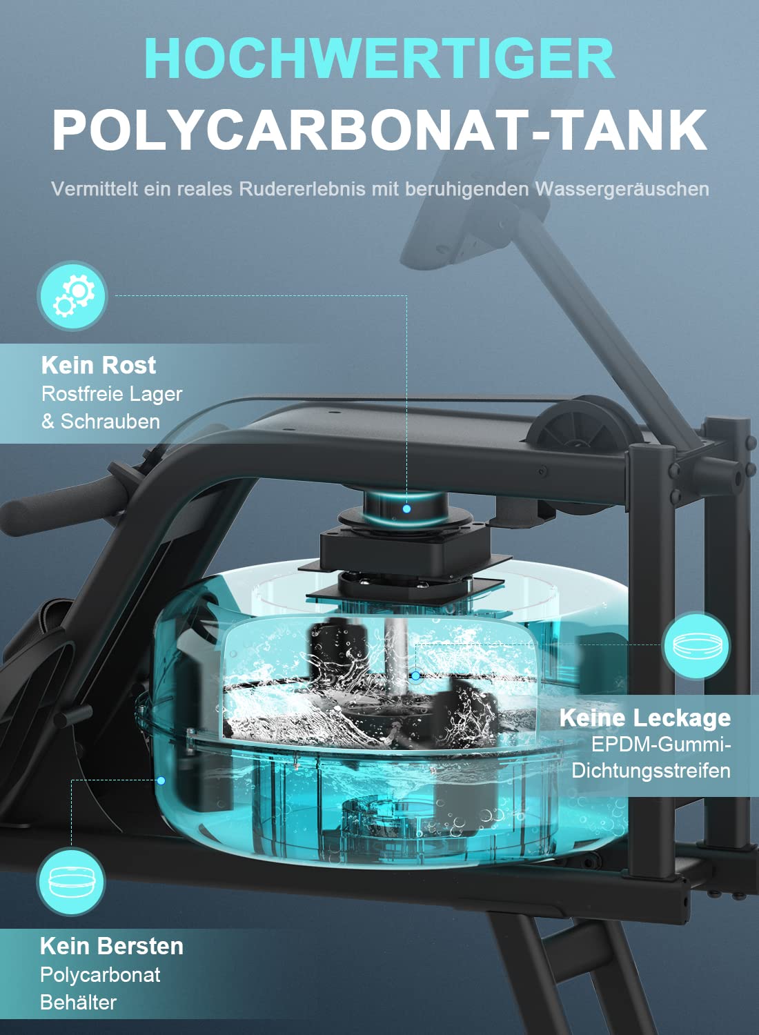 Neezee Rudergerät für zuhause, Rudergerät Wasser mit Professioneller Bluetooth-Monitor und Tablet-Halterung, Max 150kg Belastbar, Vertikale Lagerung, Transporträder für Einfache Bewegung