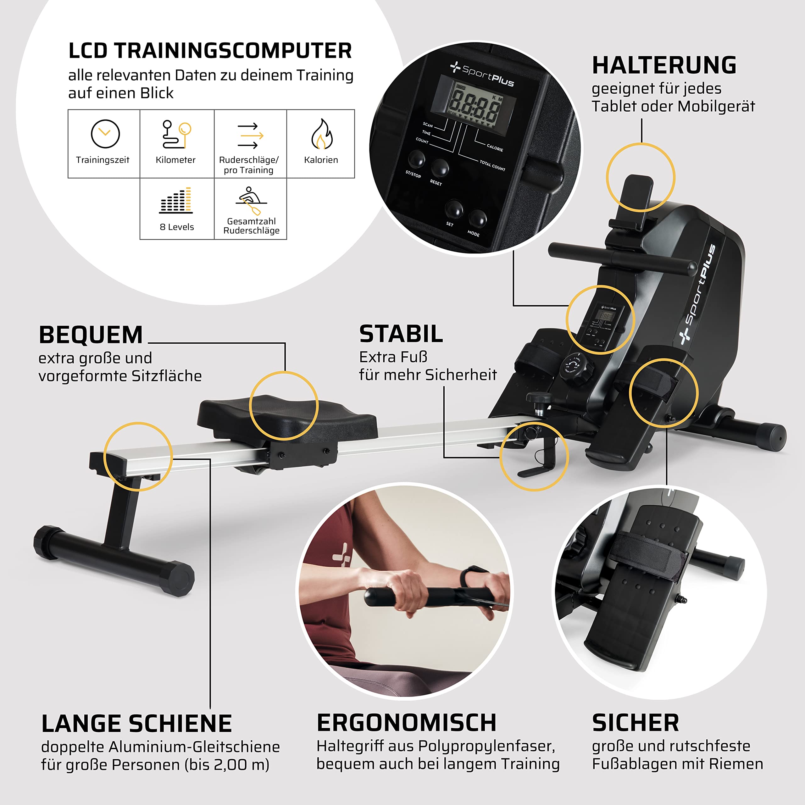 SportPlus Rudergerät klappbar für Zuhause - Rowing Equipment - Magnetwiderstand 8 Stufen - LCD-Computer & Tablethalterung - extra kompaktes & leistungsstarkes Indoor Rudergerät für Zuhause