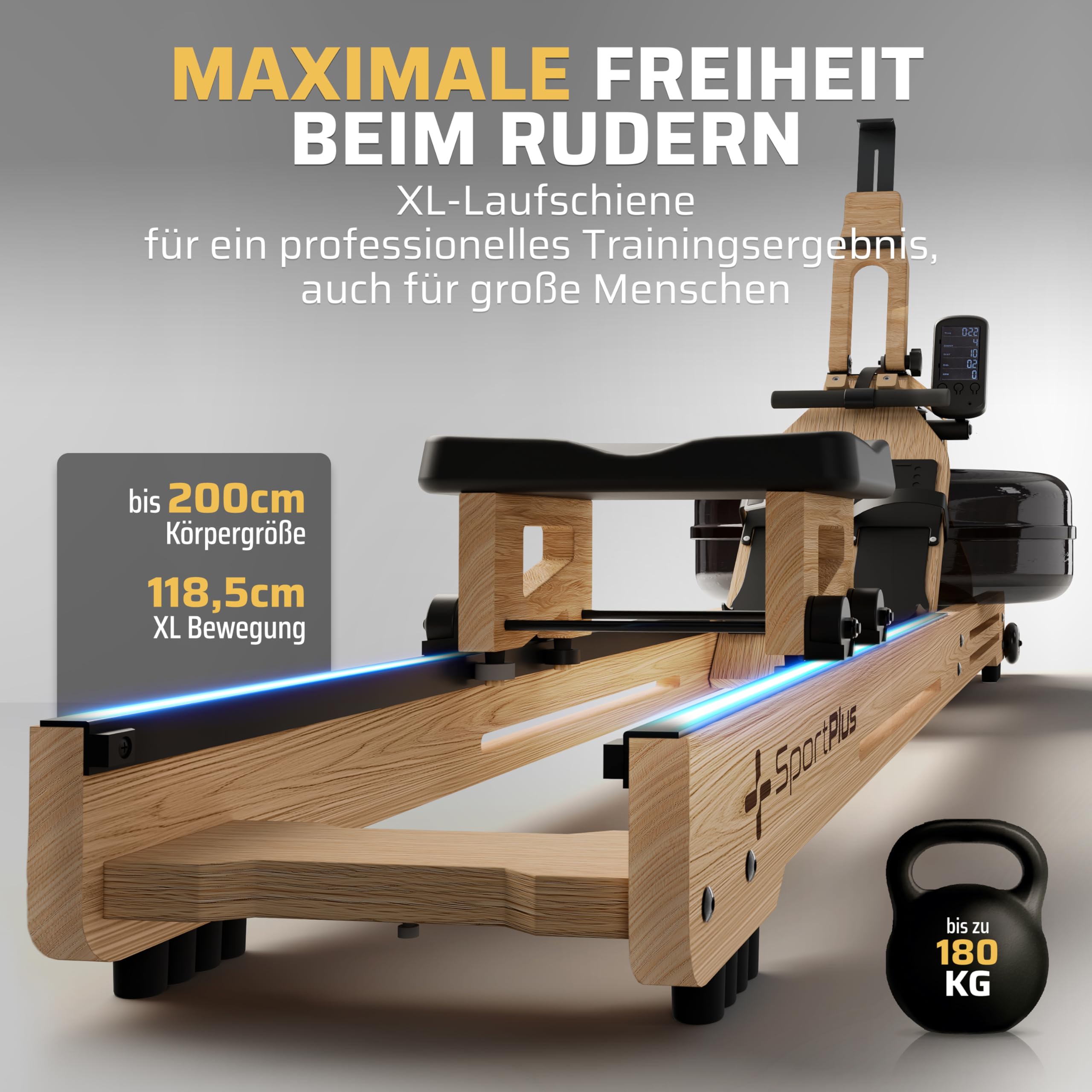 SportPlus Rudergerät für zuhause - Rudergerät Wasser Holz - Rudergerät Holz Massive Eiche FSC®-Zertifiziert - Rudermaschine Trainingscomputer App-kompatibel - Designed in Germany - bis 150 kg