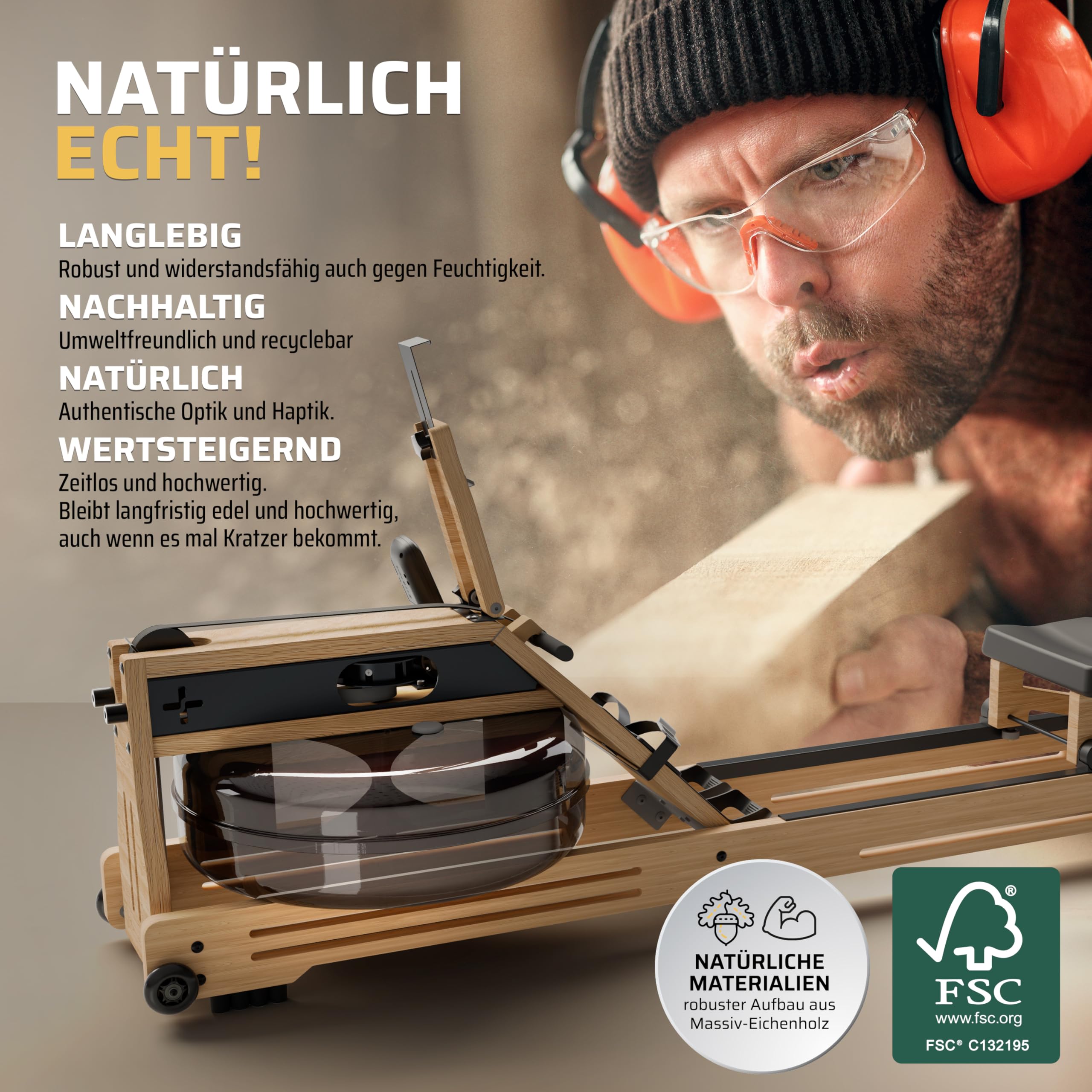SportPlus Rudergerät für zuhause - Rudergerät Wasser Holz - Rudergerät Holz Massive Eiche FSC®-Zertifiziert - Rudermaschine Trainingscomputer App-kompatibel - Designed in Germany - bis 150 kg