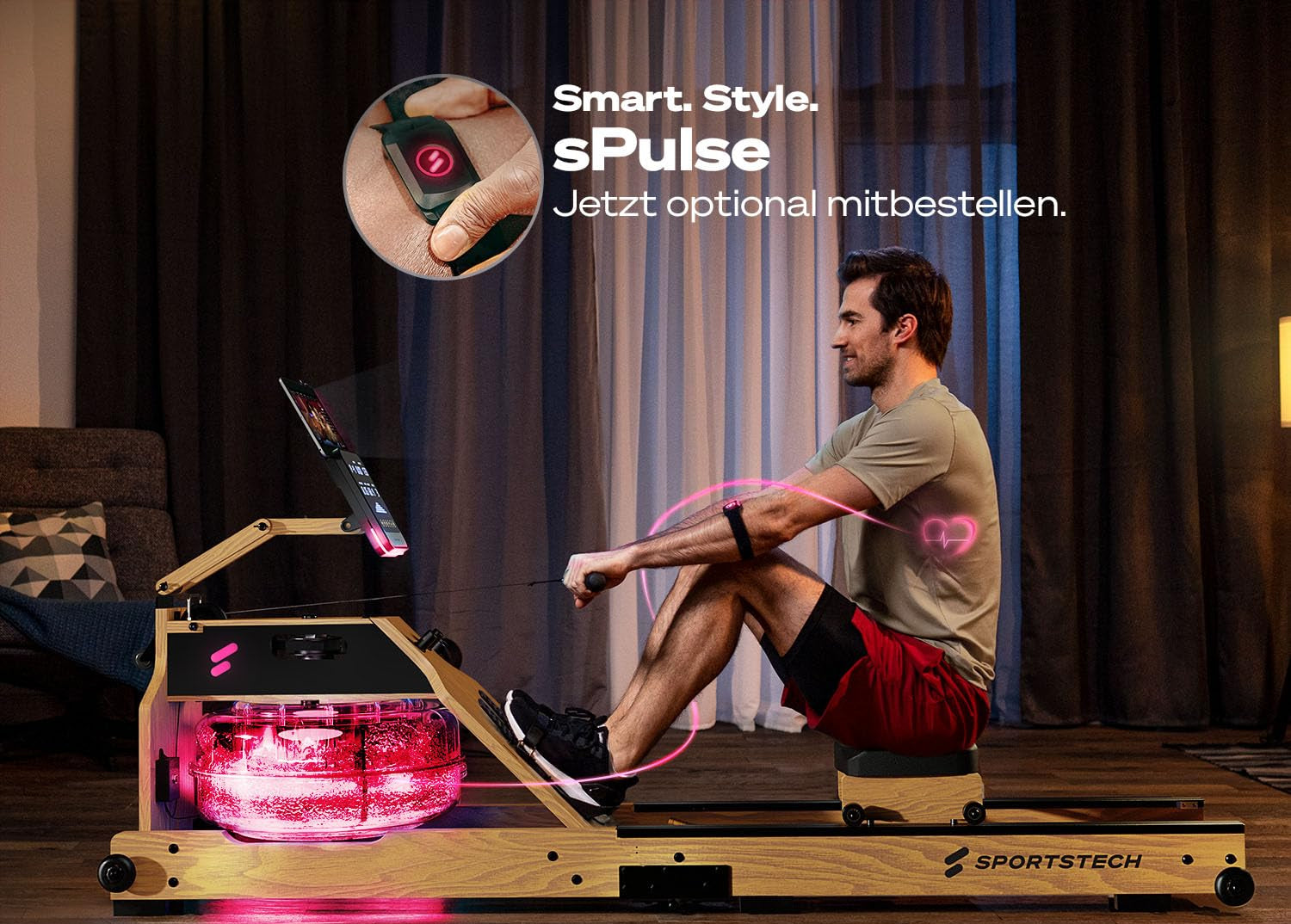 Sportstech Premium Wasser-Rudergerät mit LED-Wassertank, klappbar | Deutsches Qualitätsunternehmen I App mit Workout Kursen+ Tablethalterung | Natur-Massivholz Rudermaschine Rower für zuhause WRX1000