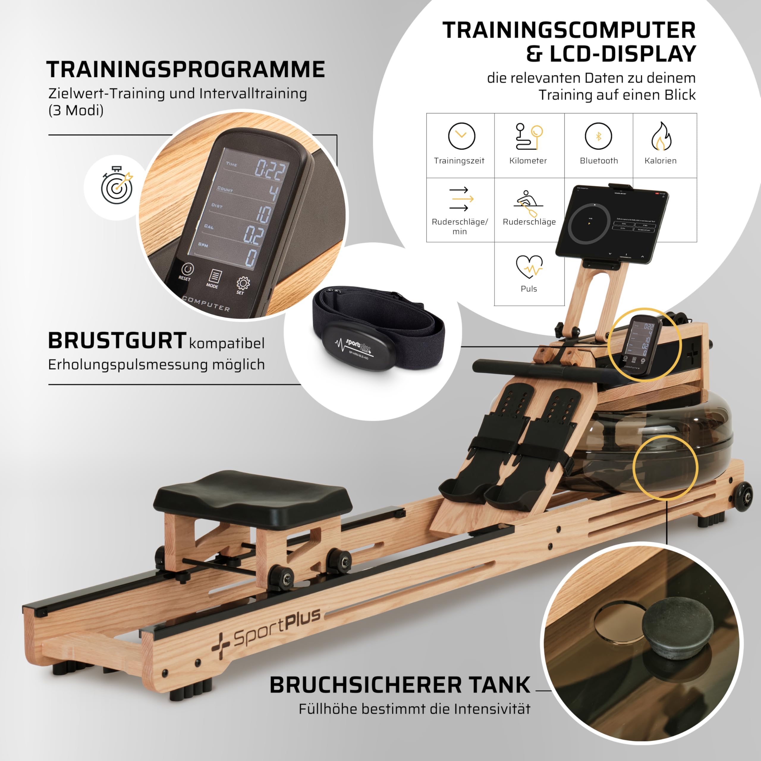 SportPlus Rudergerät für zuhause - Rudergerät Wasser Holz - Rudergerät Holz Massive Eiche FSC®-Zertifiziert - Rudermaschine Trainingscomputer App-kompatibel - Designed in Germany - bis 150 kg