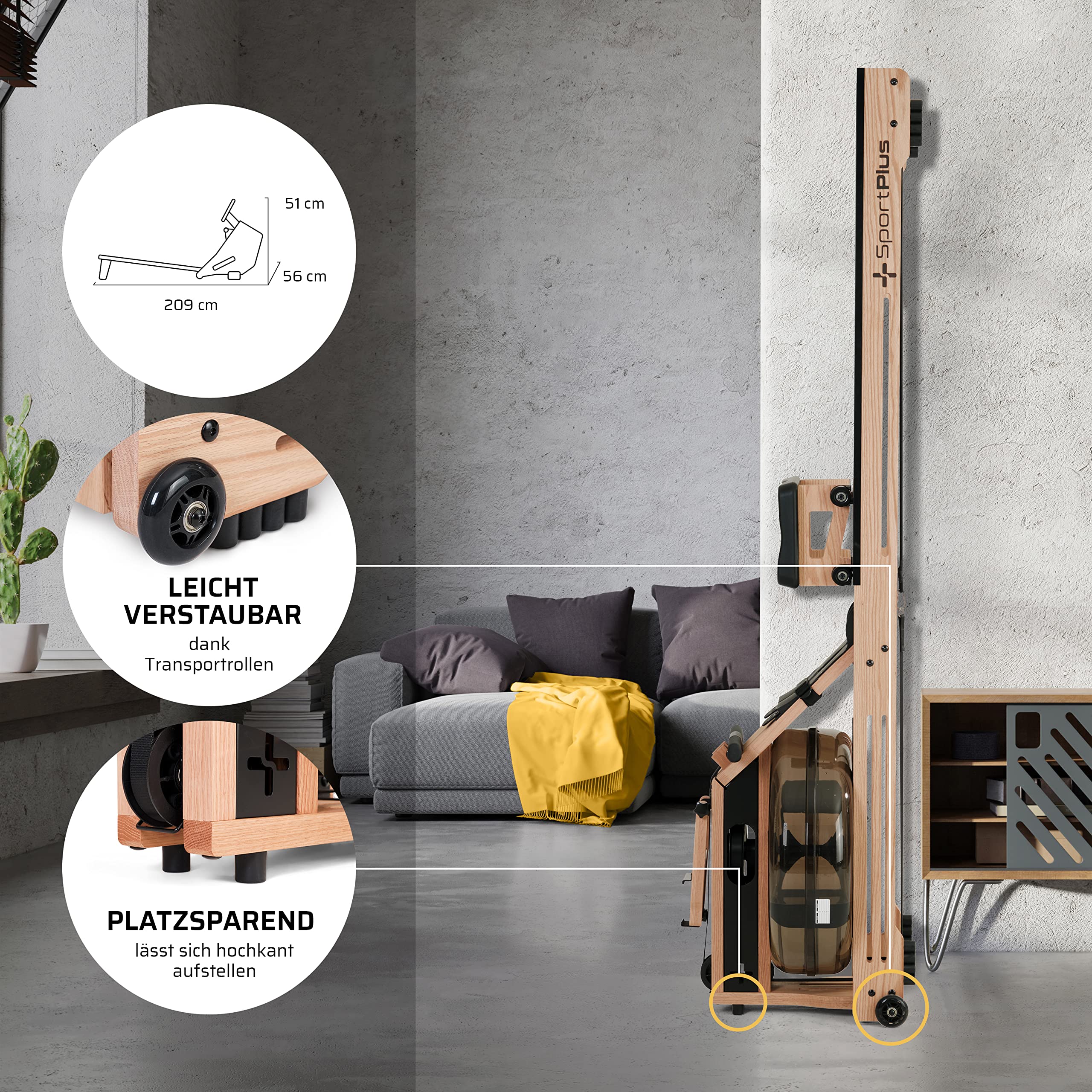 SportPlus Rudergerät für zuhause - Rudergerät Wasser Holz - Rudergerät Holz Massive Eiche FSC®-Zertifiziert - Rudermaschine Trainingscomputer App-kompatibel - Designed in Germany - bis 150 kg