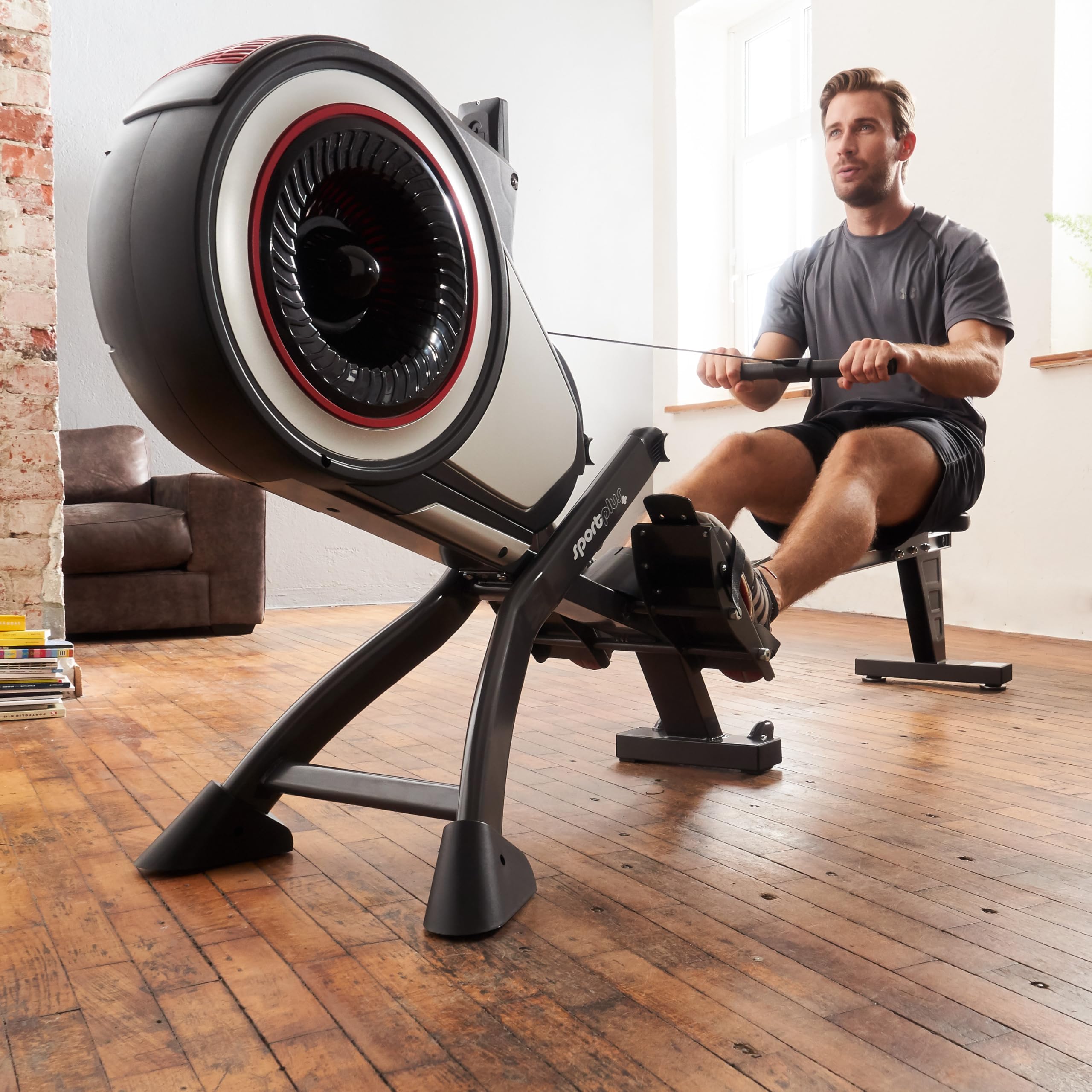 SportPlus | Rudergerät für zuhause mit Luftwiderstand (8 Stufen), App-Kompatibel, leise & flüssig trainieren, Sicherheit geprüft bis 150 kg