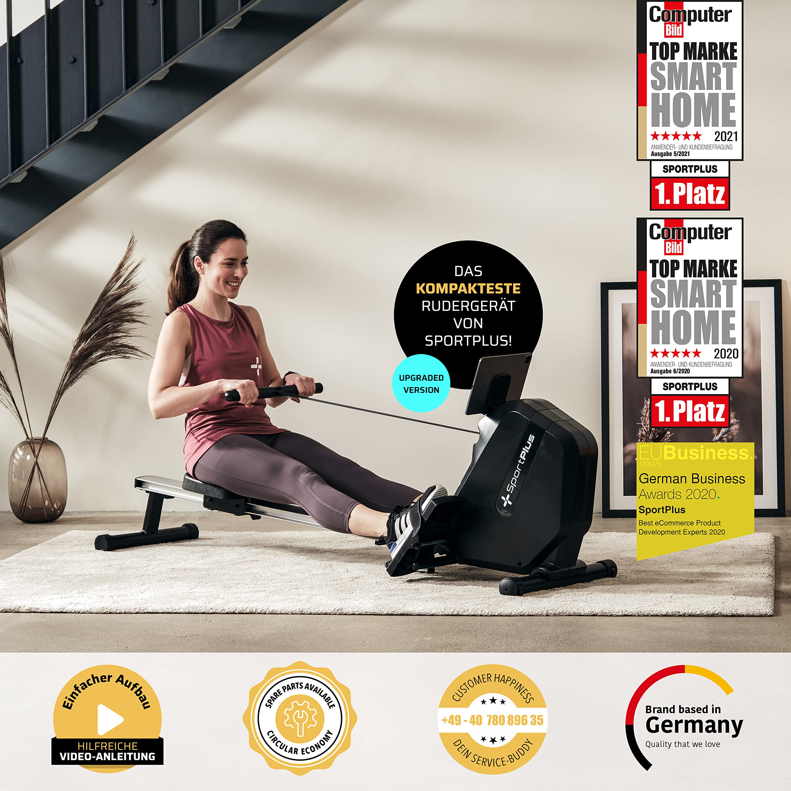 SportPlus Rudergerät klappbar für Zuhause - Rowing Equipment - Magnetwiderstand 8 Stufen - LCD-Computer & Tablethalterung - extra kompaktes & leistungsstarkes Indoor Rudergerät für Zuhause