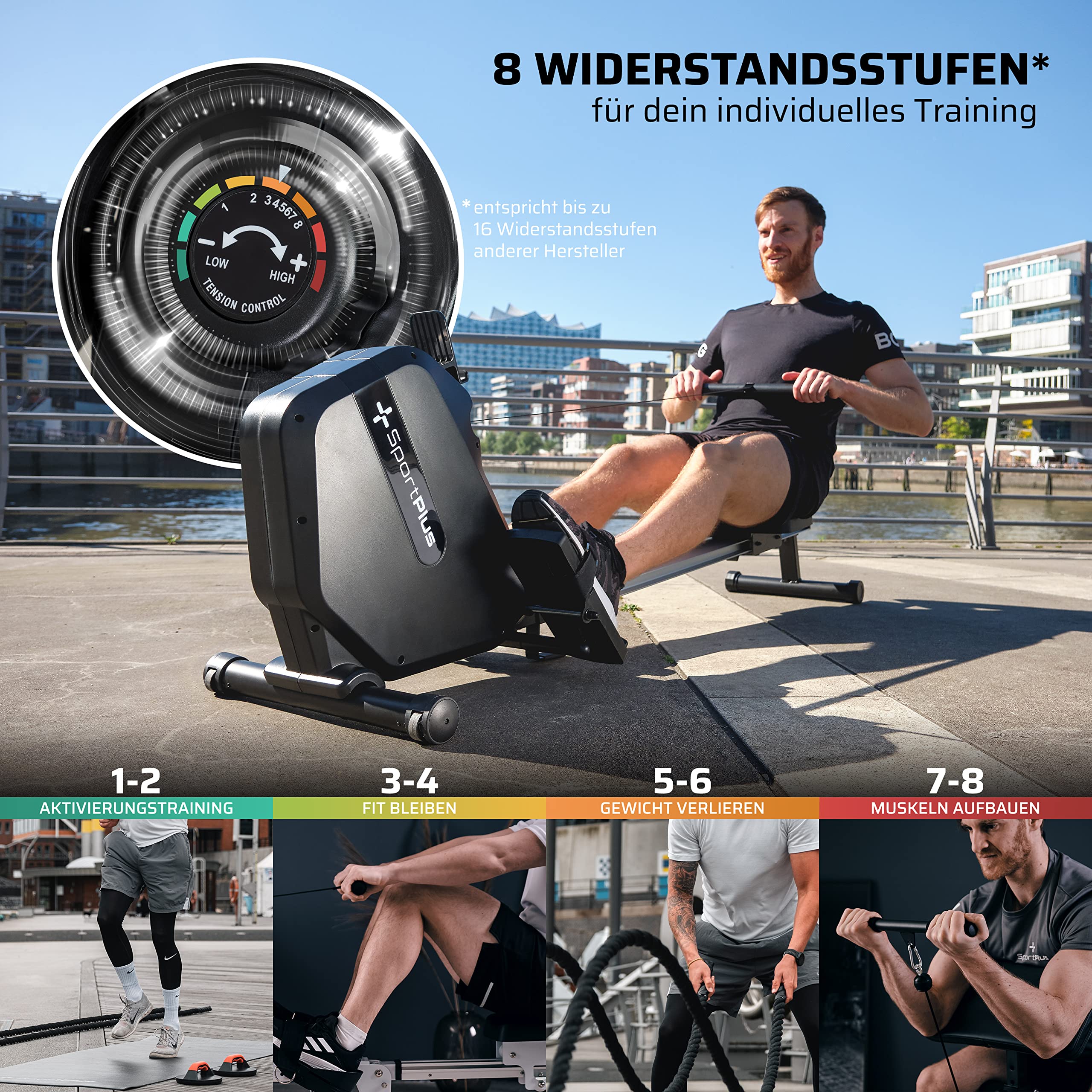 SportPlus Rudergerät klappbar für Zuhause - Rowing Equipment - Magnetwiderstand 8 Stufen - LCD-Computer & Tablethalterung - extra kompaktes & leistungsstarkes Indoor Rudergerät für Zuhause