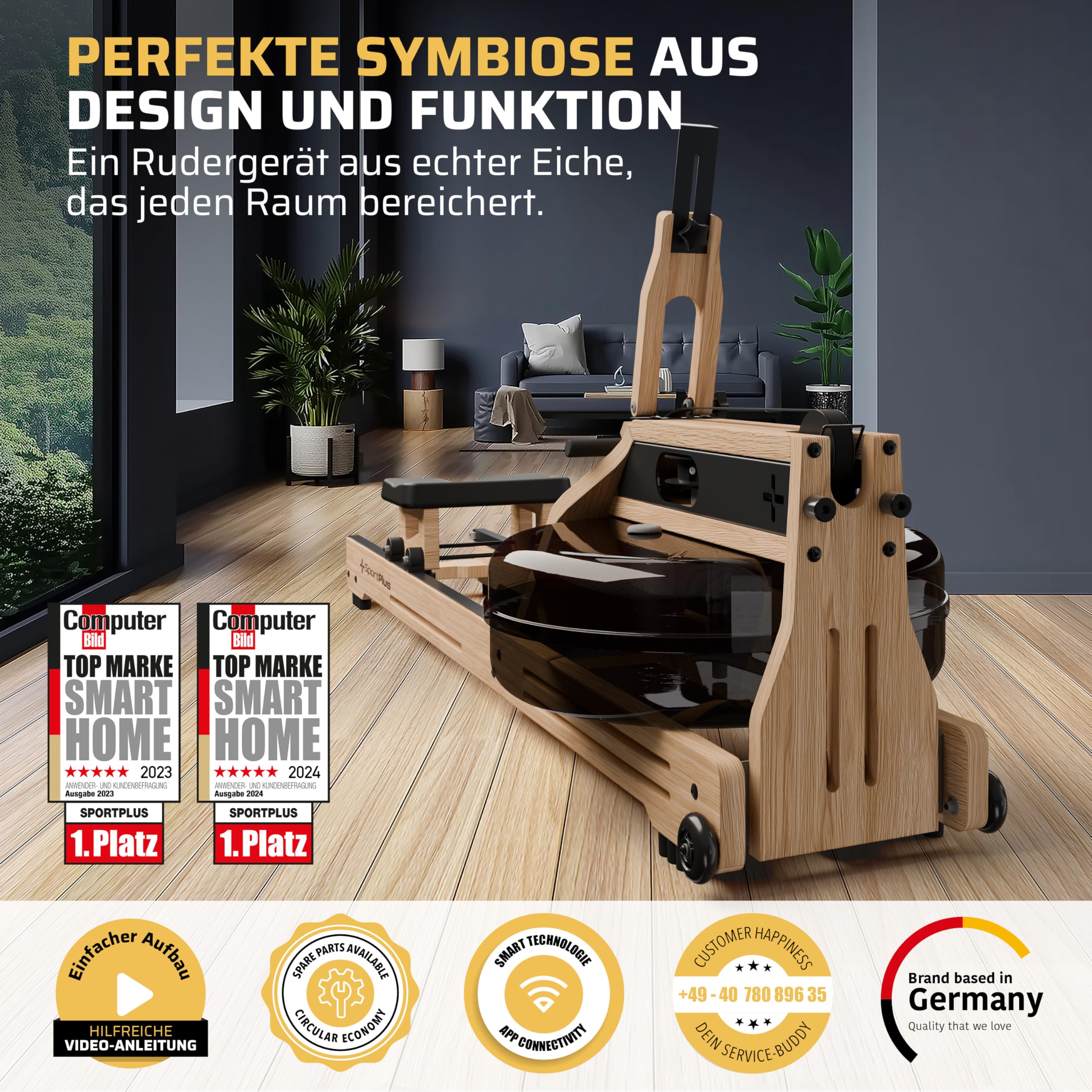 SportPlus Rudergerät für zuhause - Rudergerät Wasser Holz - Rudergerät Holz Massive Eiche FSC®-Zertifiziert - Rudermaschine Trainingscomputer App-kompatibel - Designed in Germany - bis 150 kg
