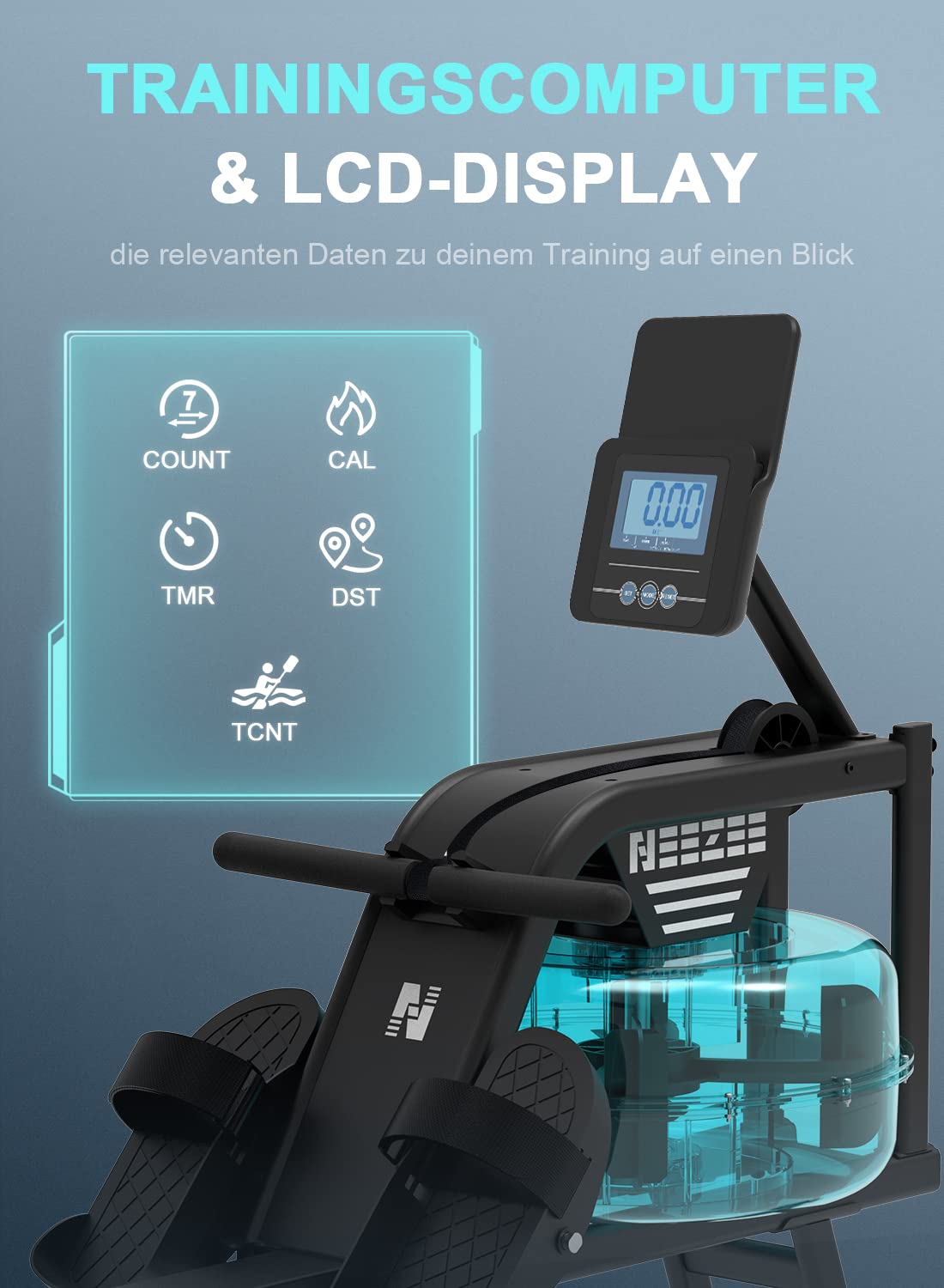Neezee Rudergerät für zuhause, Rudergerät Wasser mit Professioneller Bluetooth-Monitor und Tablet-Halterung, Max 150kg Belastbar, Vertikale Lagerung, Transporträder für Einfache Bewegung