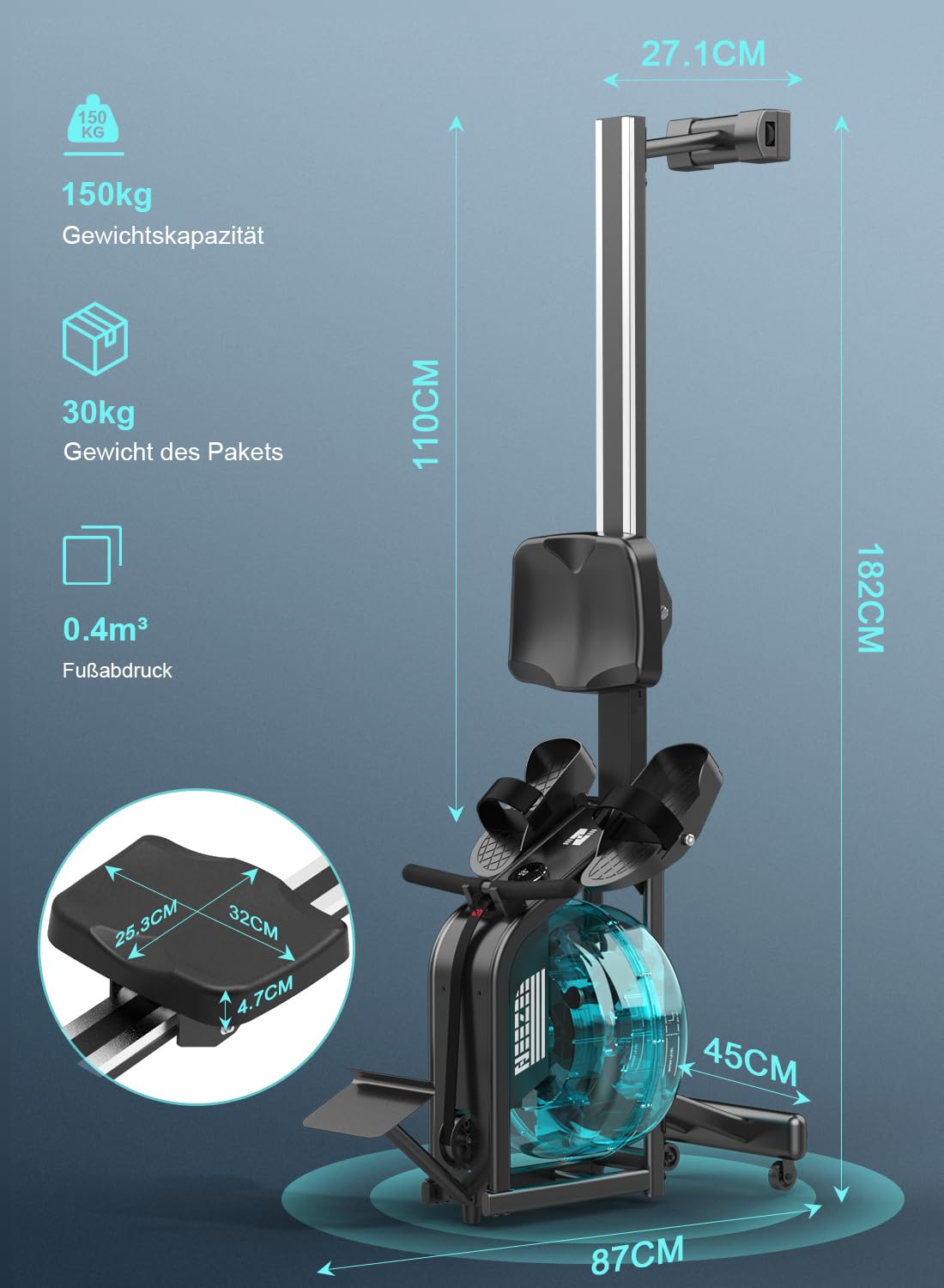 Neezee Rudergerät für zuhause, Rudergerät Wasser mit Professioneller Bluetooth-Monitor und Tablet-Halterung, Max 150kg Belastbar, Vertikale Lagerung, Transporträder für Einfache Bewegung