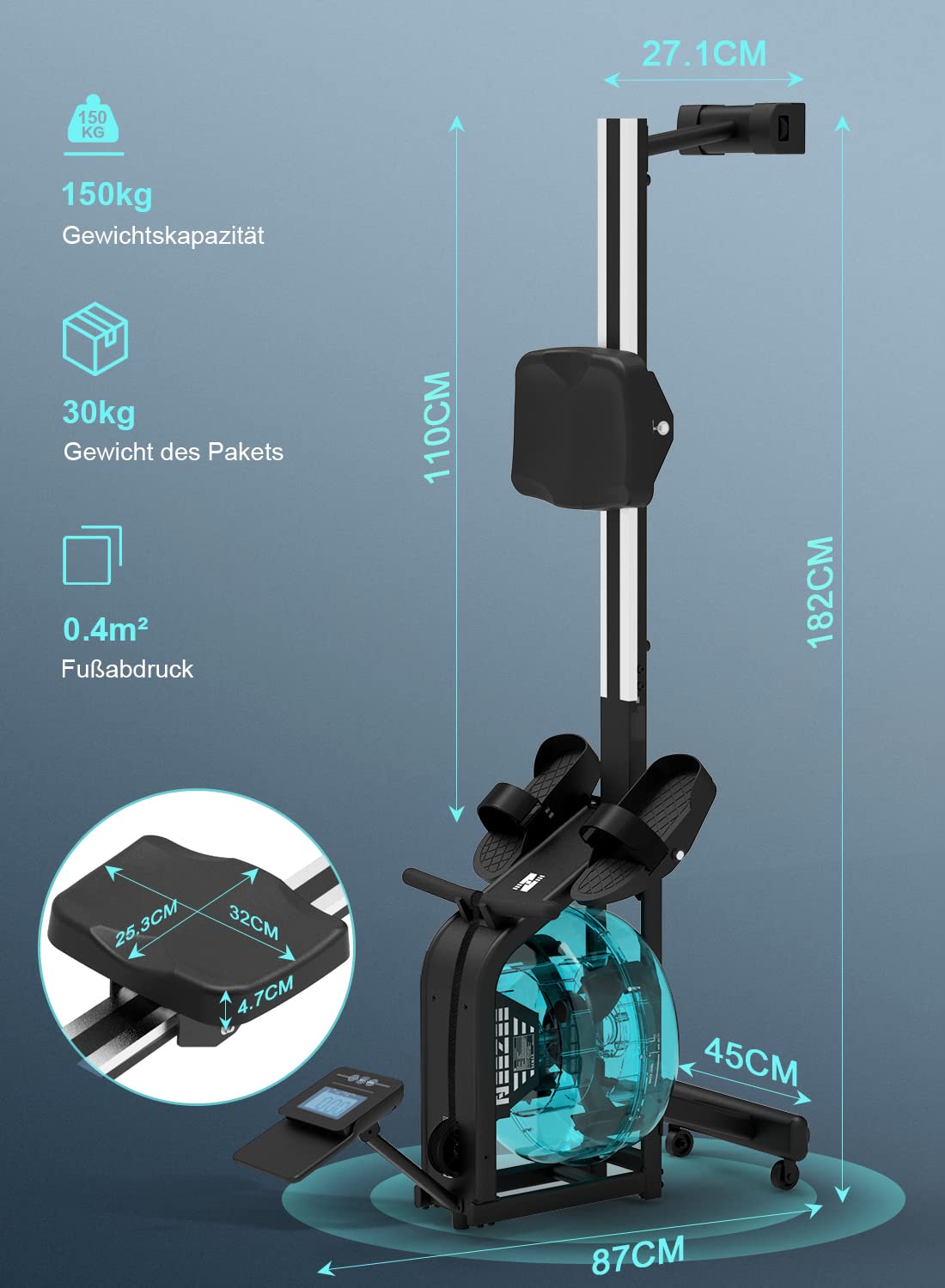 Neezee Rudergerät für zuhause, Rudergerät Wasser mit Professioneller Bluetooth-Monitor und Tablet-Halterung, Max 150kg Belastbar, Vertikale Lagerung, Transporträder für Einfache Bewegung