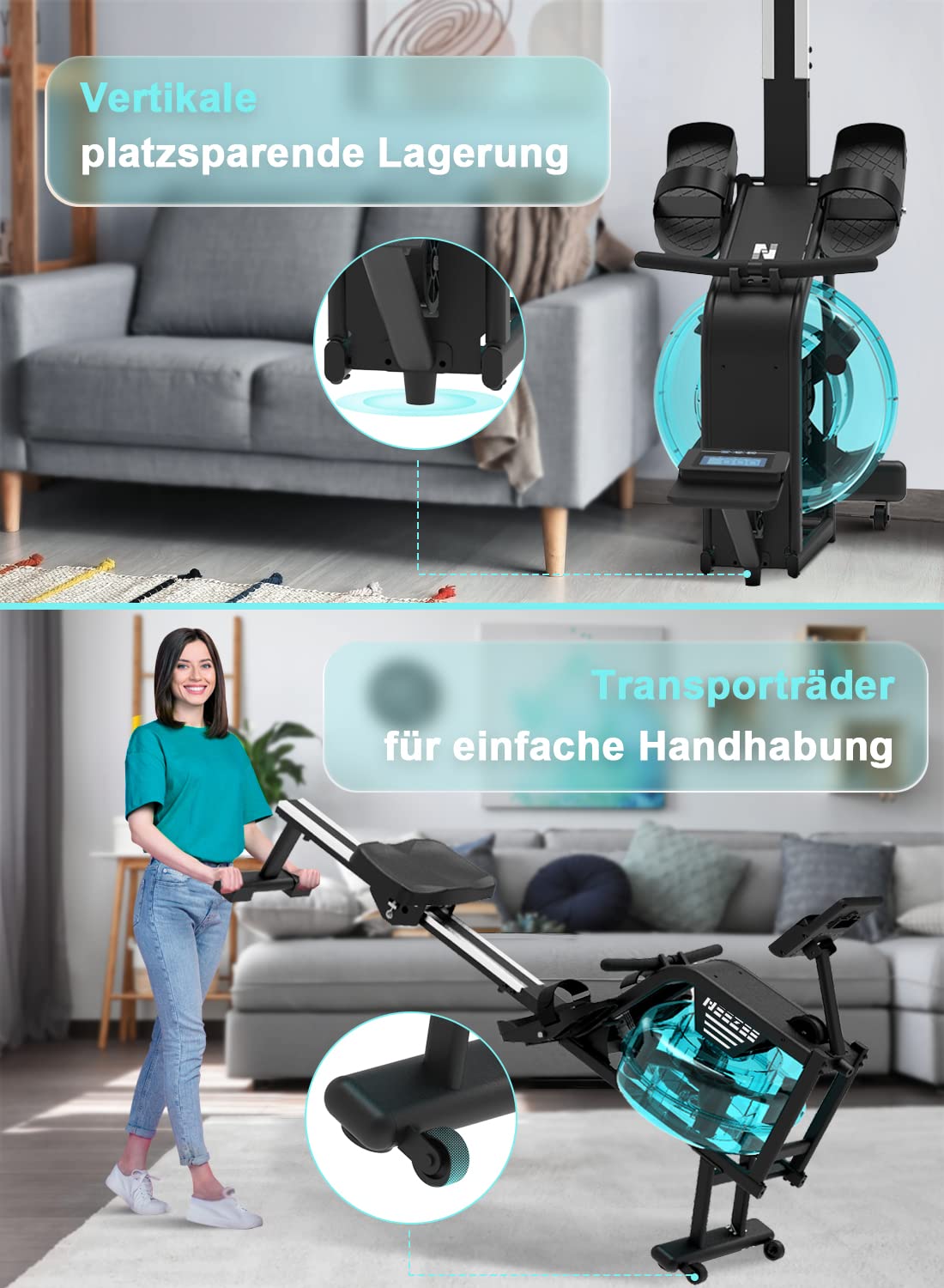 Neezee Rudergerät für zuhause, Rudergerät Wasser mit Professioneller Bluetooth-Monitor und Tablet-Halterung, Max 150kg Belastbar, Vertikale Lagerung, Transporträder für Einfache Bewegung