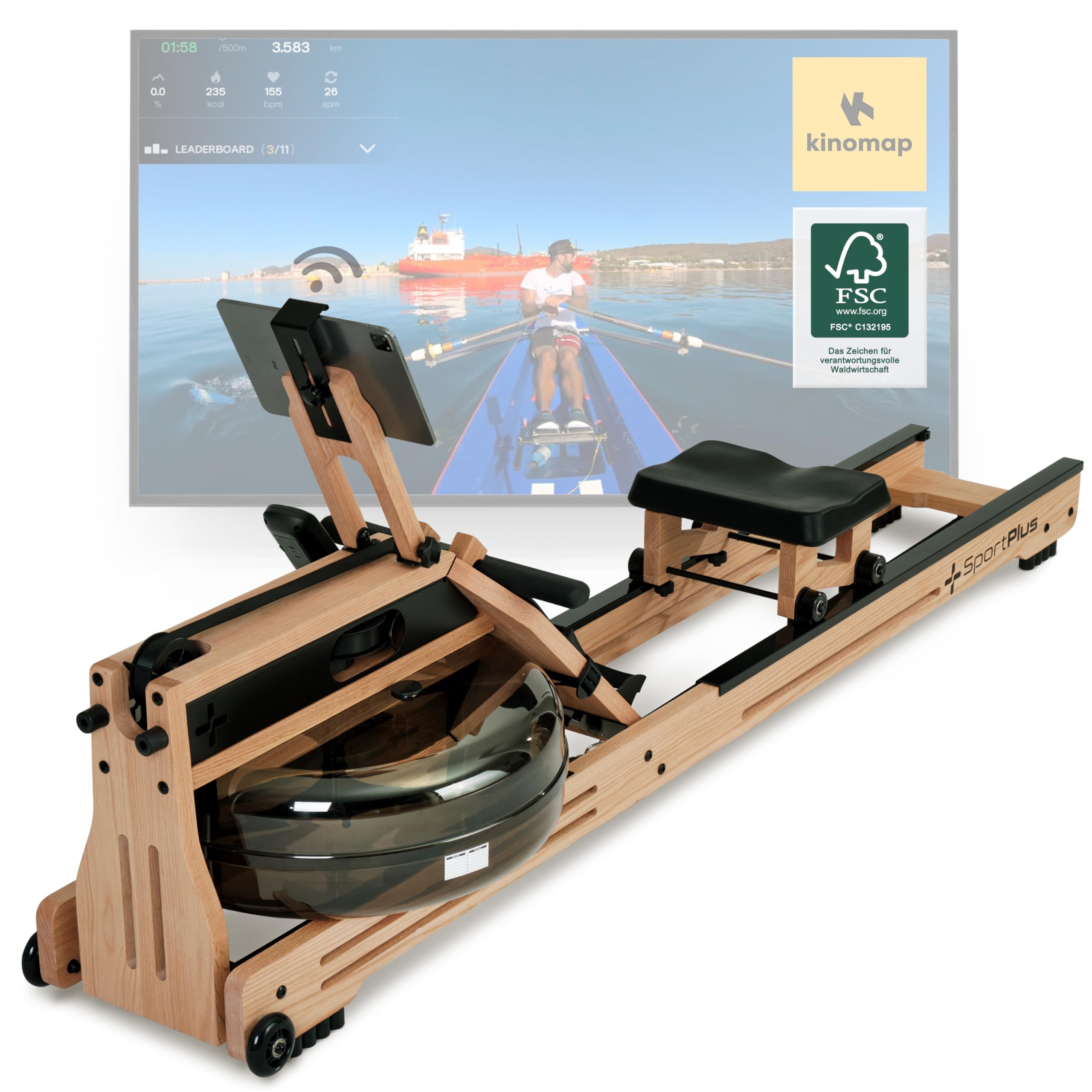 SportPlus Rudergerät für zuhause - Rudergerät Wasser Holz - Rudergerät Holz Massive Eiche FSC®-Zertifiziert - Rudermaschine Trainingscomputer App-kompatibel - Designed in Germany - bis 150 kg