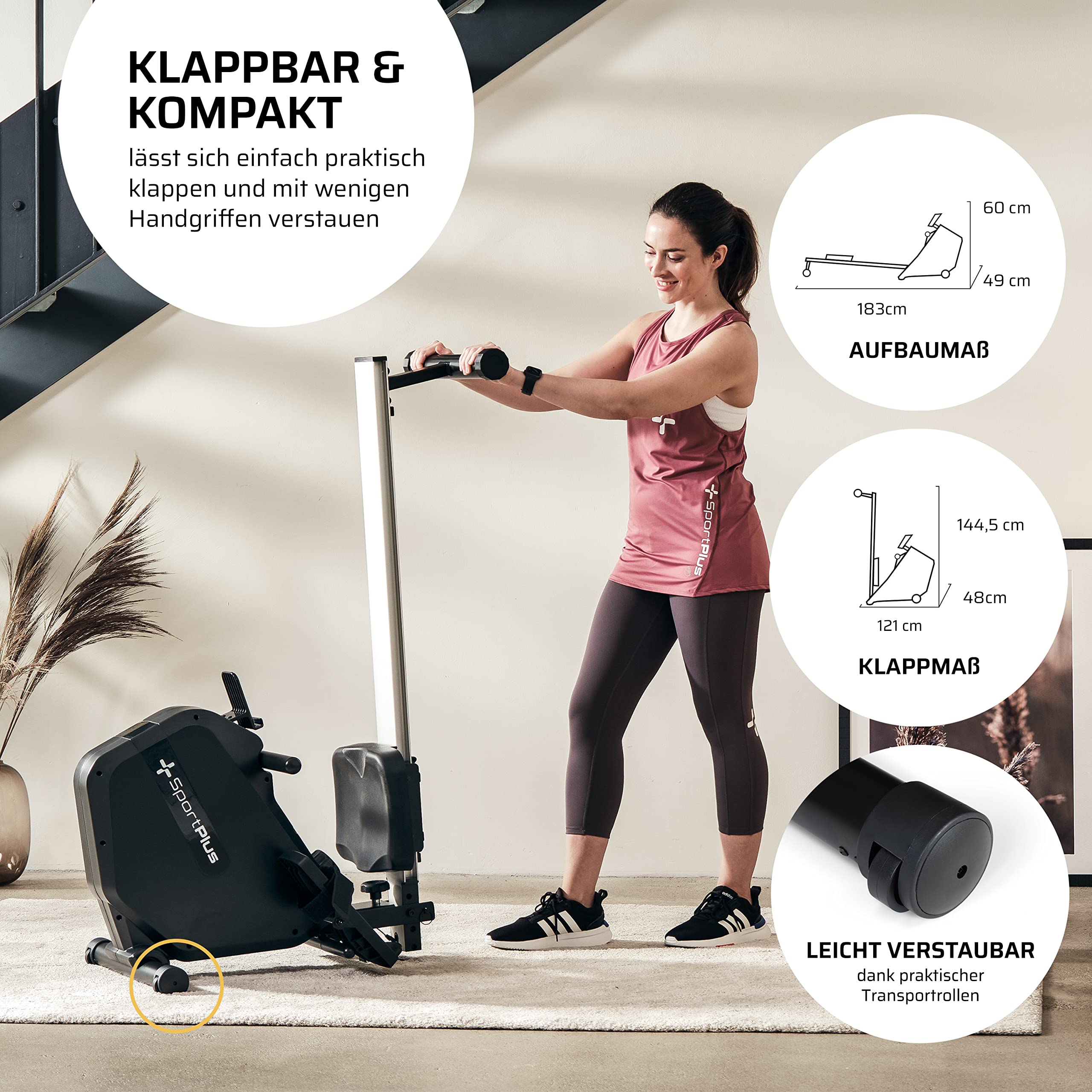 SportPlus Rudergerät klappbar für Zuhause - Rowing Equipment - Magnetwiderstand 8 Stufen - LCD-Computer & Tablethalterung - extra kompaktes & leistungsstarkes Indoor Rudergerät für Zuhause