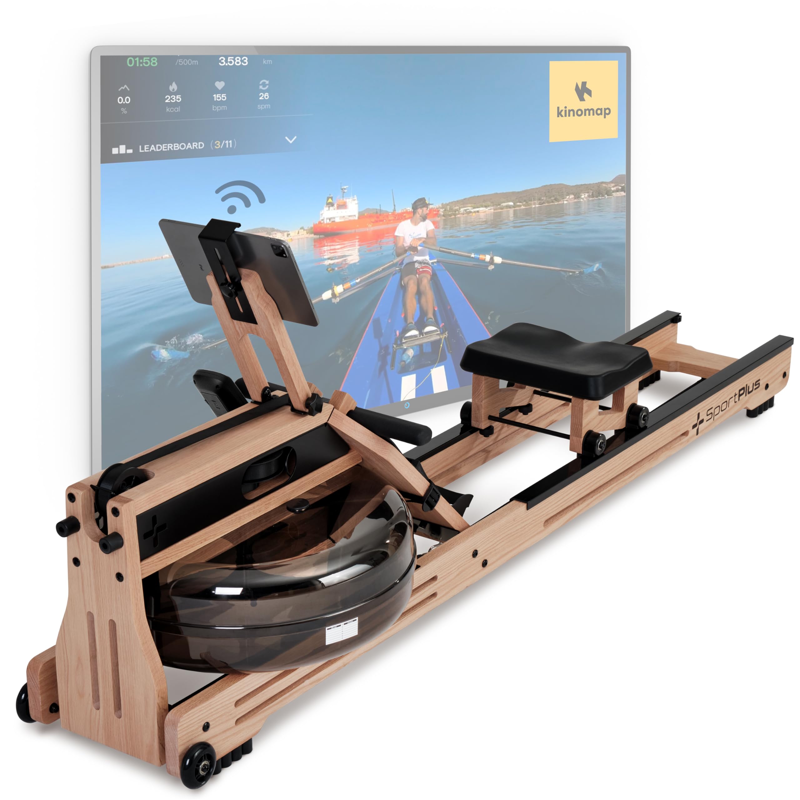 SportPlus Rudergerät für zuhause - Rudergerät Wasser Holz - Rudergerät Holz Massive Eiche FSC®-Zertifiziert - Rudermaschine Trainingscomputer App-kompatibel - Designed in Germany - bis 150 kg