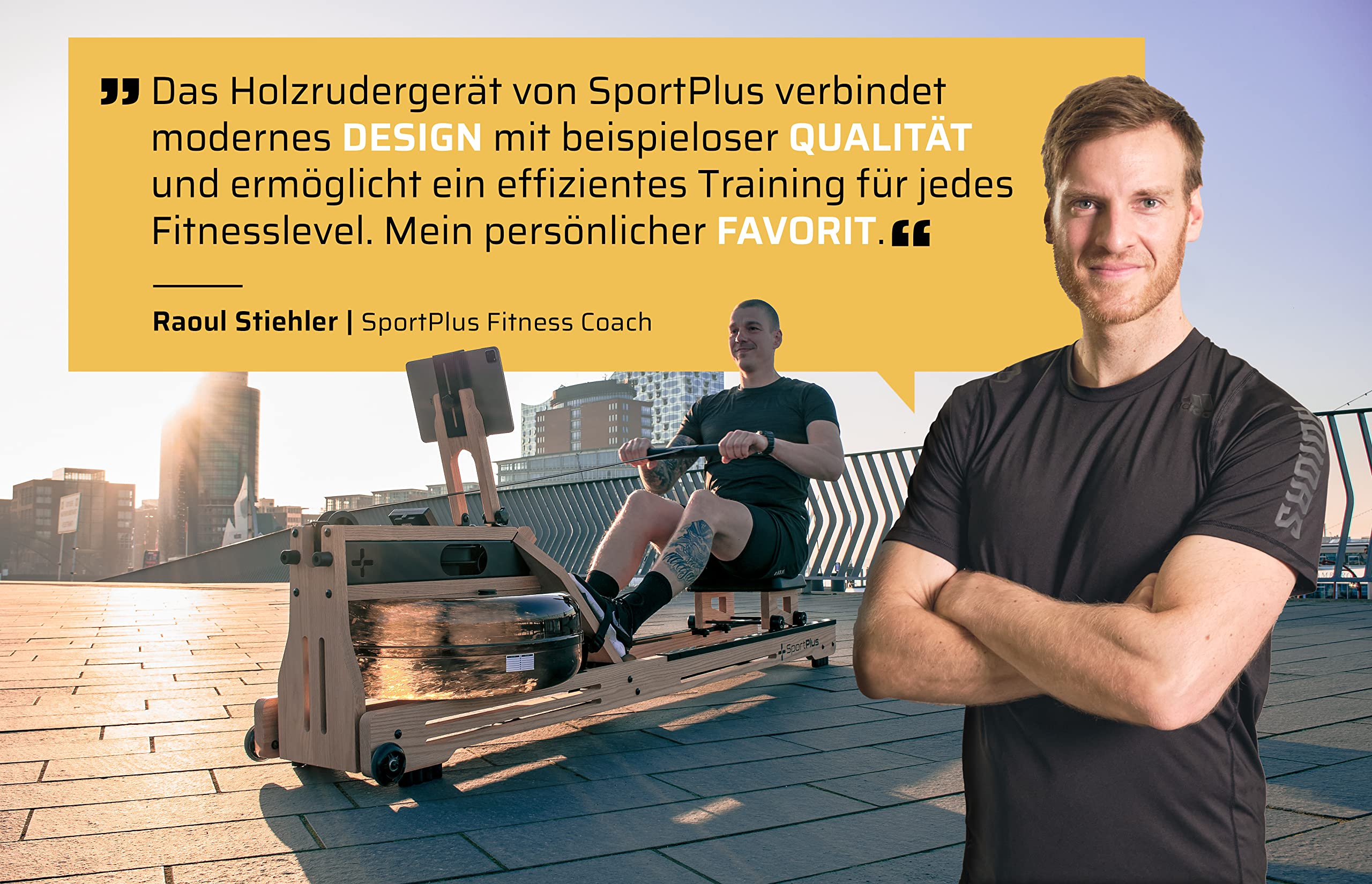 SportPlus Rudergerät für zuhause - Rudergerät Wasser Holz - Rudergerät Holz Massive Eiche FSC®-Zertifiziert - Rudermaschine Trainingscomputer App-kompatibel - Designed in Germany - bis 150 kg