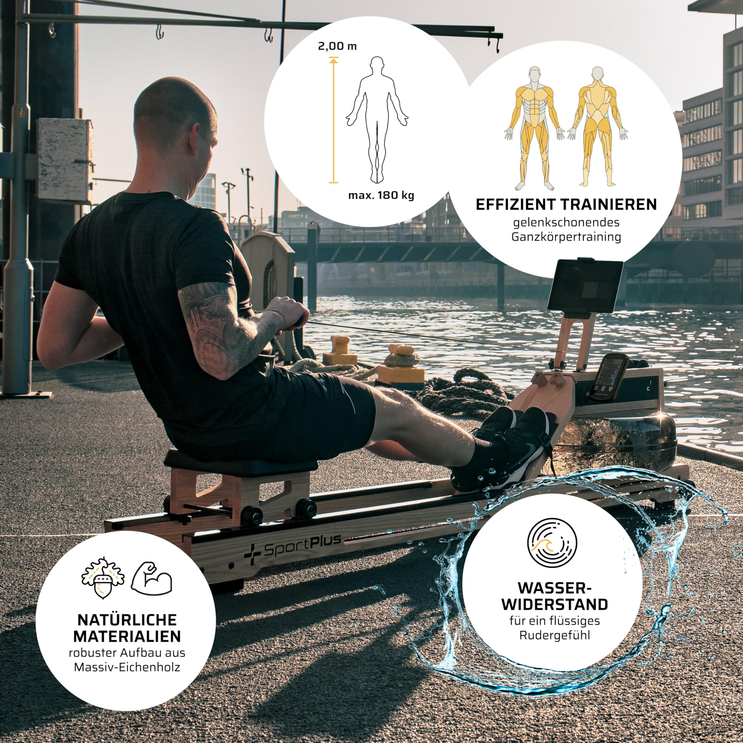 SportPlus Rudergerät für zuhause - Rudergerät Wasser Holz - Rudergerät Holz Massive Eiche FSC®-Zertifiziert - Rudermaschine Trainingscomputer App-kompatibel - Designed in Germany - bis 150 kg