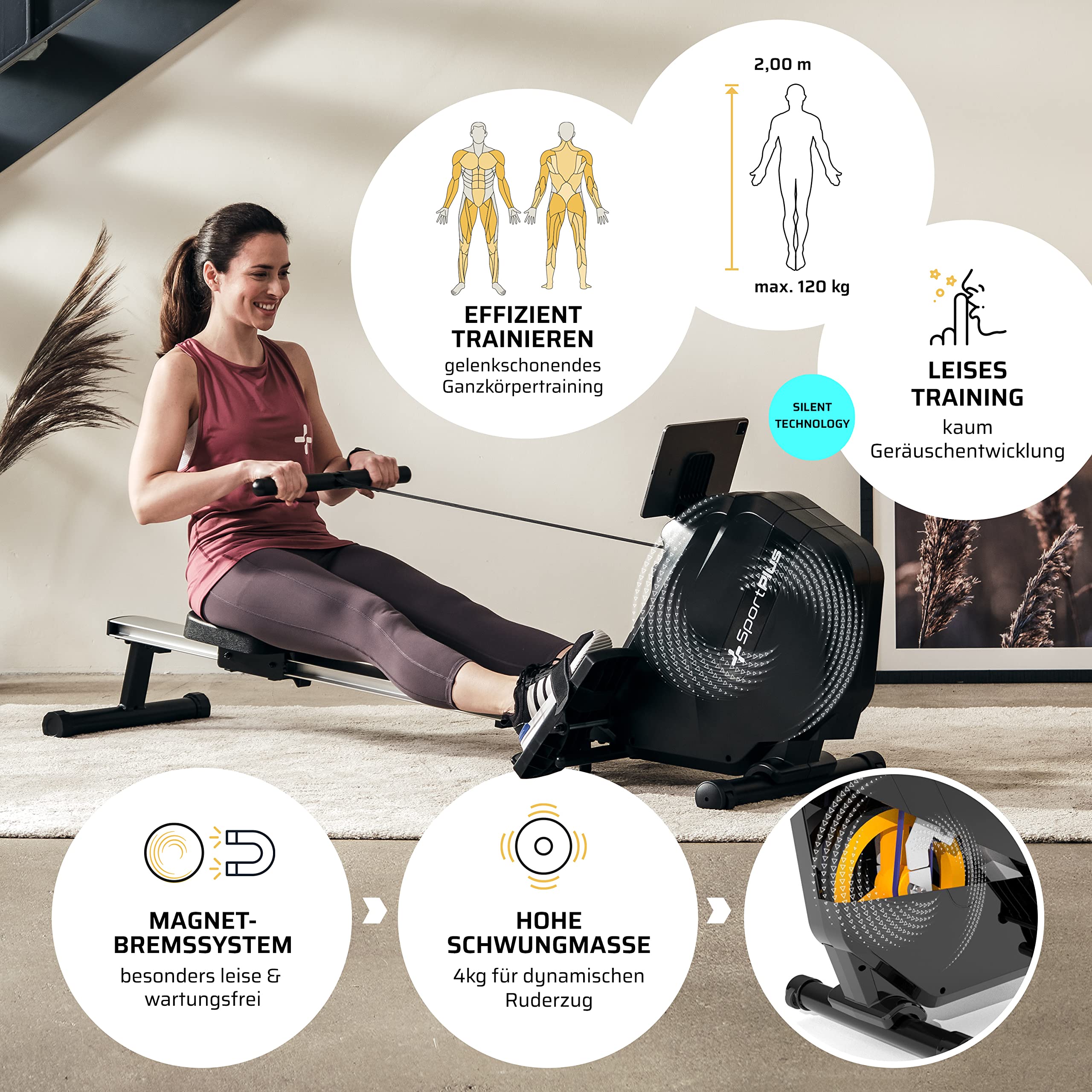 SportPlus Rudergerät klappbar für Zuhause - Rowing Equipment - Magnetwiderstand 8 Stufen - LCD-Computer & Tablethalterung - extra kompaktes & leistungsstarkes Indoor Rudergerät für Zuhause